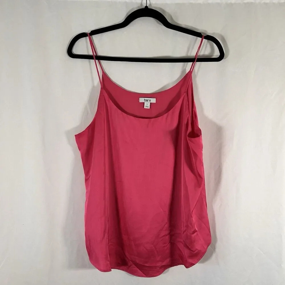 bar III Tank Top Women's Large Solid Pink Satin Sleeveless Straps